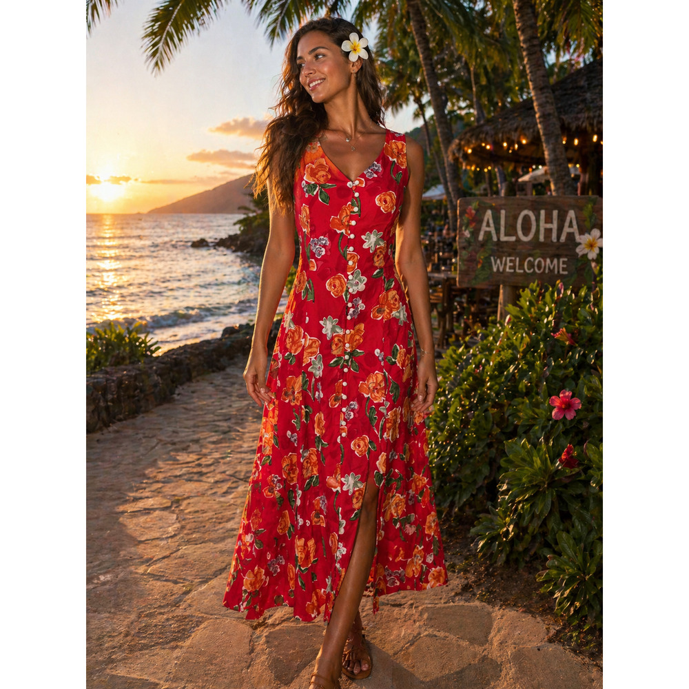 Vintage 90s Tropical Floral Maxi Dress Sz XS Boho Beach Resort Wear Sleeveless